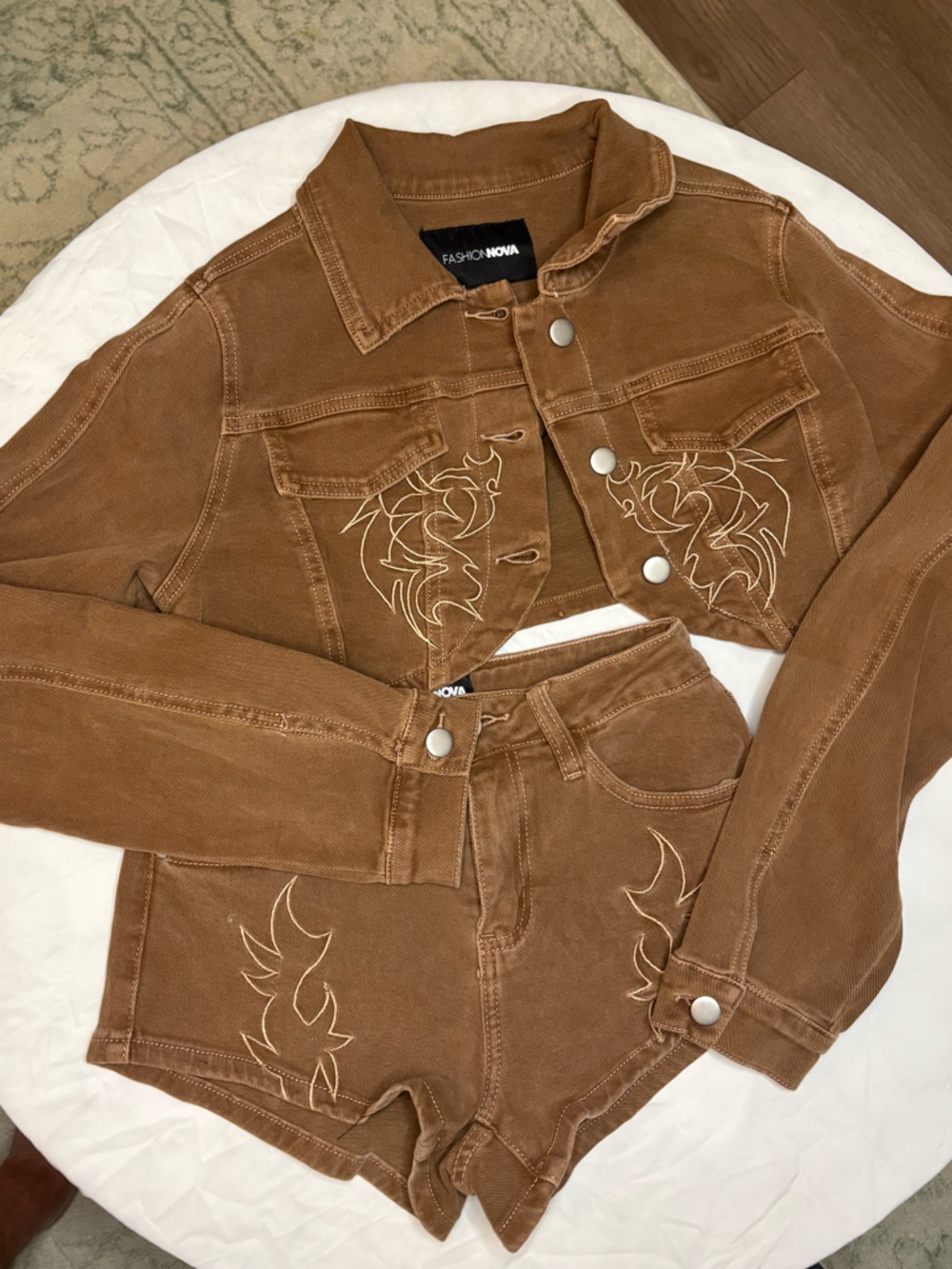 Fashion Nova Rust Brown Embroidered Cropped Jacket & Shorts Set